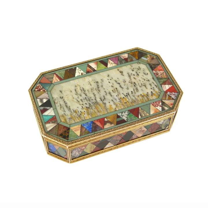 Inlaid vari-coloured hardstones and gold canted rectangular box